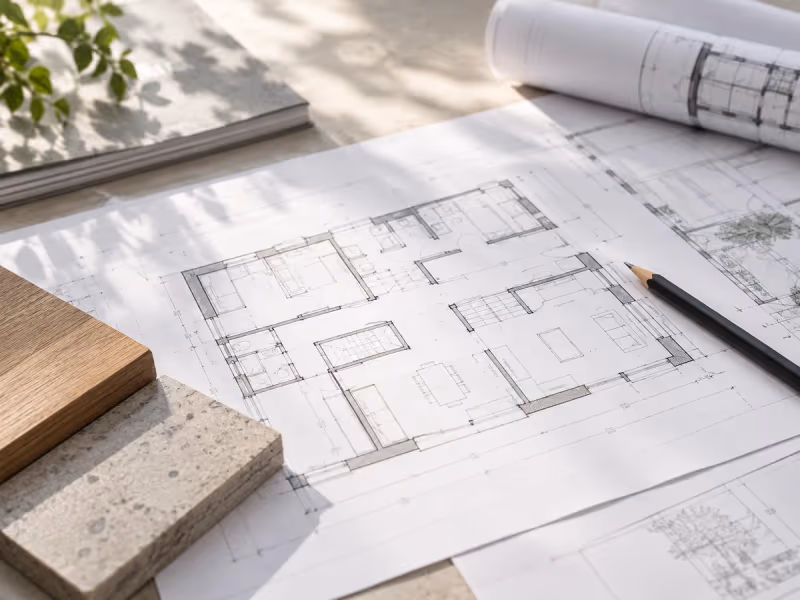 Bauzeichnung und Materialmuster bei der Planung